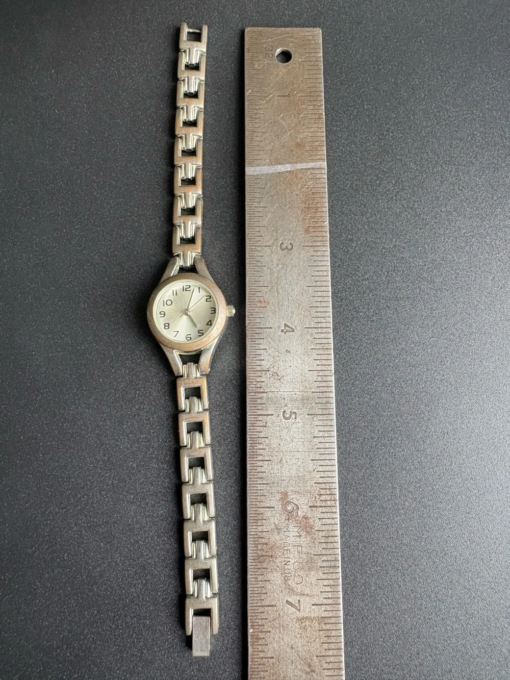 Silver Tone Linked Bracelet Watch measurements shown non running